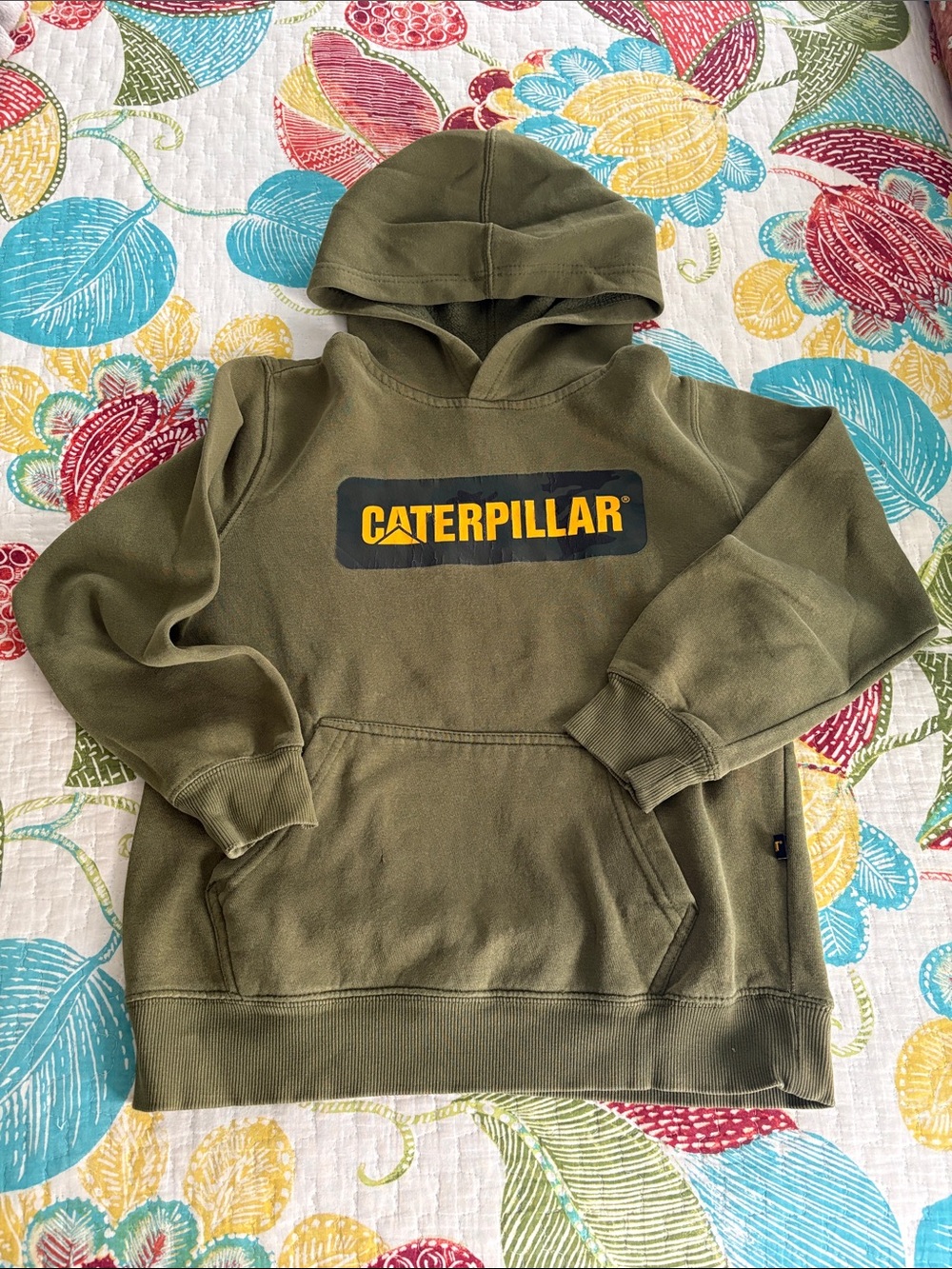 Caterpillar Olive Green Hoodie with Yellow Logo, Boys size 10-12